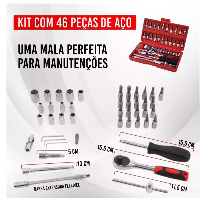 Kit Chaves Jogo Catraca Reversível Soquetes 46 Peças Maleta